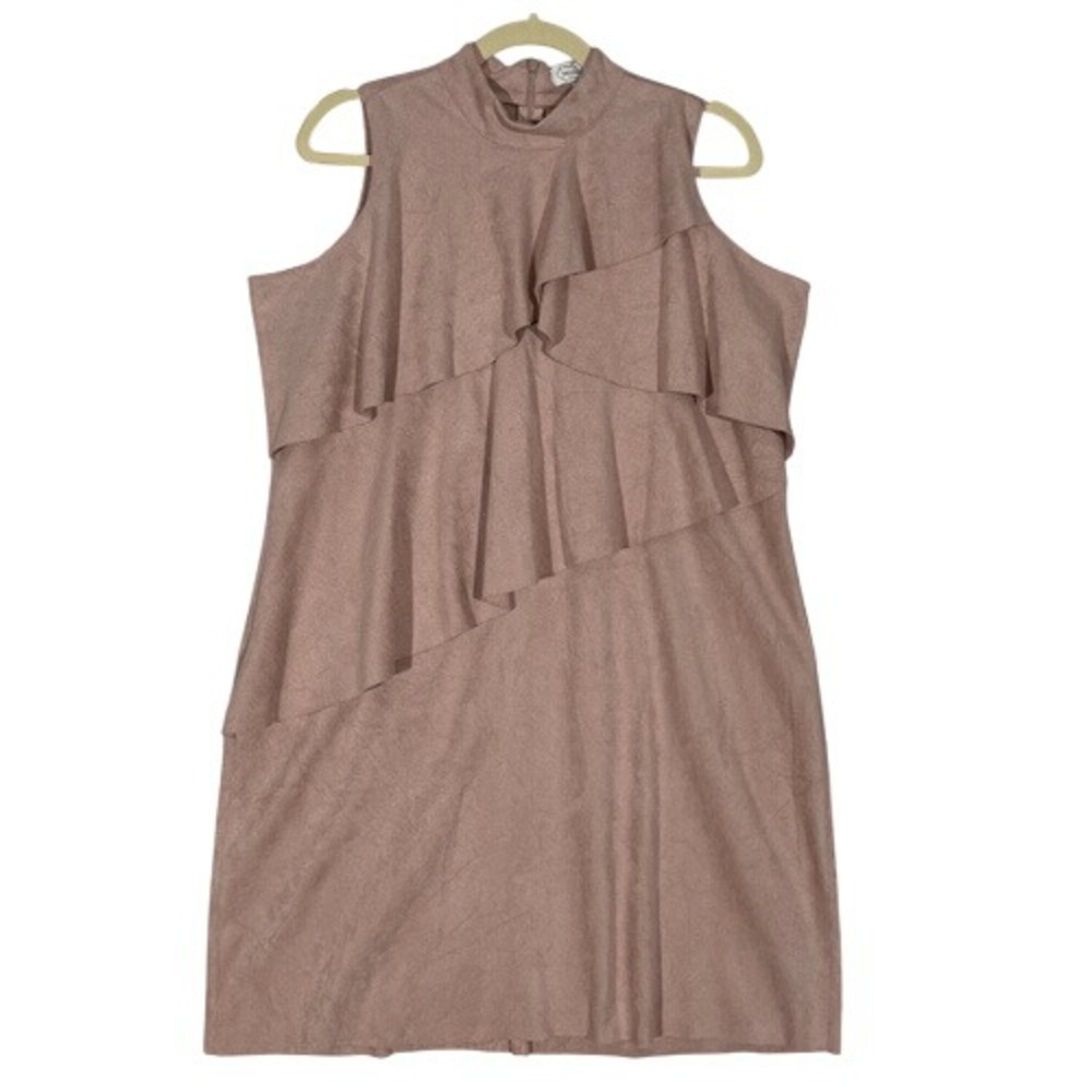 Mud Pie Carley Faux Suede Ruffle Shift Dress Dusty Rose Mock Neck Size M - Picture 2 of 8